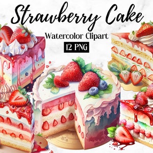 Aardbeiencake aquarel, digitale downloads, verjaardagstaart clipart, voedsel aquarel, verjaardagstaart wallart, verjaardagstaart liefhebbers prints kunst