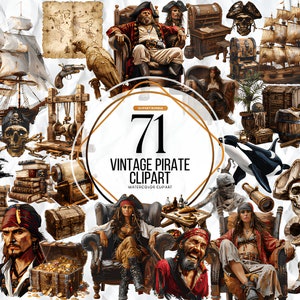 Aquarell Vintage Piraten Clipart - Freibeuter Download - Instant Download - Scalleywags - Piratenschiff - Blackbeard - Cutlass - Piratenflagge