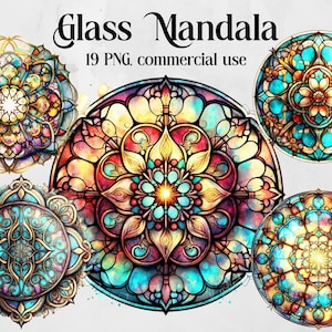 Clipart di Mandala dell'acquerello di vetro colorato. Pacchetto clipart fantasy e mistico con bacground trasparente. Pacchetto mandala per uso commerciale