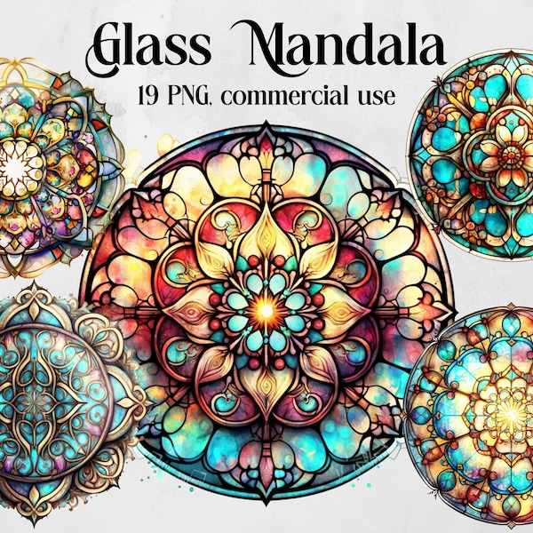Stained Glass Watercolor Mandala Clipart. Fantasy and Mystical Clipart Bundle with transparent bacground. Commercial Use Mandalas Bundle
