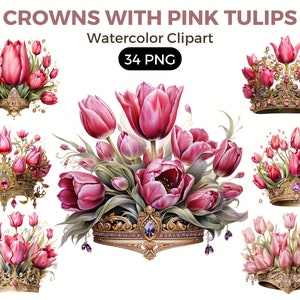 Royal Crowns With Pink Tulips Flowers Clipart, Watercolor floral clipart, bouquets, flowers, nursery, wreath, blossom, for portraits png