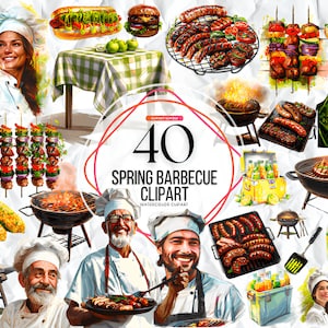 Spring Barbecue ClipArt, Barbecue PNG, Barbecue illustration, Watercolor Barbecue, BBQ ClipArt, Barbecue Collection, Ribs, Burgers, Brisket