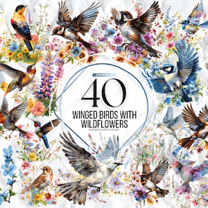 Geflügelte Vögel mit Wildblumen Clipart mit transparentem Hintergrund, Frühling Clipart, Garten Clipart, Blumen INSTANT DOWNLOAD