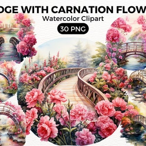 Garden Bridge Carnation Flowers Clipart, garden Digital watercolor png, Watercolor Clipart Spring, summer Flowers illustration Digital Art