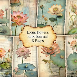 Lotus Flowers Junk Journal Kit, Vintage Lotus Flower Junk Journal Pages, Dictionary page Junk Journal Printable Paper, Digital Collage Sheet