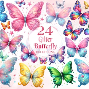 Paillettes papillons aquarelle Clipart Bundle PNG papillon fleurs Images, graphiques de printemps, téléchargement numérique instantané, usage Commercial