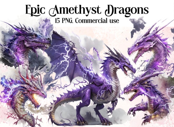 Epic Amethyst Dragons Clipart,PNG, Full Commercial Use, Fantasy Clipart, Watercolor Dragon Clipart, Watercolor Clipart with Instant Download