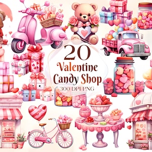 Watercolor Cute Valentines Candy Shop Clipart, 20 PNG Valentines Day Clipart, Valentines Day Bundle, Valentines Candy Heart, Commercial Use