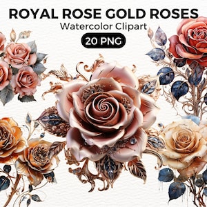 Watercolor Royal Rose Gold Roses Flowers PNG Clipart, Floral Clip Art, Magical Flower bundle, Jewelled Flower png, Royal Watercolor Flowers