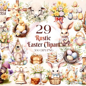 Rustikales Ostern Clipart, Beiges Ostern Clipart, Osterhase Clipart, Ostereier Clipart, Ostern Clipart, Ostern Szene Clipart, Ostern Korb Clipart, digital