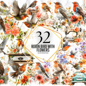Rotkehlchen Vogel mit Blumen - Garten Wildblumen Clipart Rotkehlchen, Frühling, Sommer, Hochzeit, Ostern, Babyparty, Muttertag, png