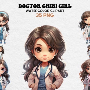 Cute Doctor Chibi Girls, Watercolor Girls, Cute Illustrations, Digital Craft Bundle, Scrapbooking Bundle, Whimsical Paper Craft, Tropic