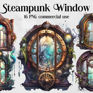 Steampunk Window Clipart, Stained Glass Clipart Watercolor Steampunk PNG, Fantasy Clipart, Commercial Use, Instant Digital Download Bundle