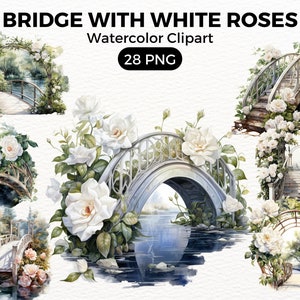Garden Bridge White Roses Clipart, garden clip art, Digital watercolor, Watercolor Clipart Spring, summer Flowers illustration Digital Art