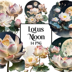 Lotus Moon Clip Art, Watercolor PNG, Lotus Pond, Flower PNG, Instant Digital Download, Celestial Space Moon Lotus Flowers Lovers Gift Art