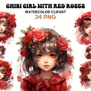 Red Roses Chibi Girls, Watercolor Girls, Cute Illustrations, Digital Craft Bundle, Scrapbooking Bundle, Whimsical Paper Craft Digital Art