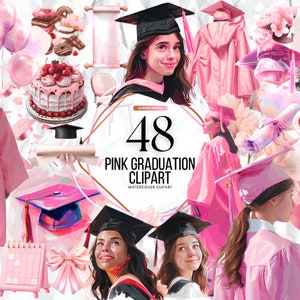 Aquarell Rosa Graduierung Sammlung Clipart, 48 PNG grad Floral Rosa Clipart, Abschlusskappen Clipart, Diplom Clipart, kommerzielle Nutzung