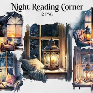 Watercolour night reading cozy reading corner clipart bundle, bookshelf, bookcase, aesthetic, png, clipart bundle, library,interiour clipart