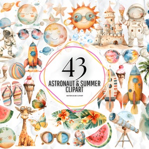 Nursery Astronaut & Summer png Watercolor Space Clipart Bundle Astronaut Nursery png Astronaut Spaceship Rocket Clipart Stars and Moon PNG