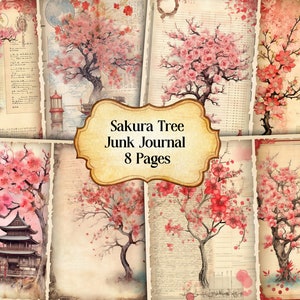 Sakura Tree Junk Journal Kit, Vintage Sakura Trees Journal Pages, Dictionary page Junk Journal Printable Paper, Digital Collage Sheet