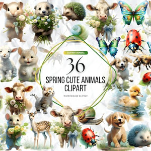 Watercolor Spring Cute Baby Animals Clipart - animals with floral bouquets in PNG format instant download for commercial use nursery animals