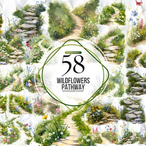 Aquarel 58 Wildflowers Pathway Clipart-bestanden met transparante achtergrond, Spring Clipart, Garden Clipart, bloemen INSTANT DOWNLOAD