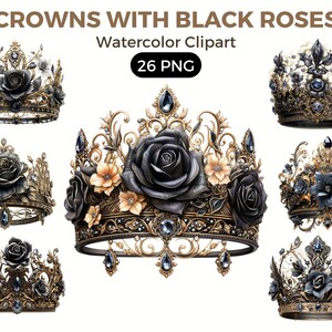 Royal Crowns With Black Roses Clipart, Watercolor floral clipart, bouquets, flowers, nursery, wreath, blossom, for portraits, accessories