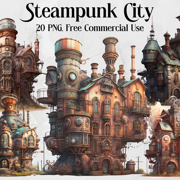 Steampunk City clipart. Vintage clipart, retro clip art, boho town. fantasy, png. Scrapbooking. Digital watercolor. Free commercial use.