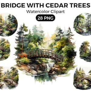 Cedar Tree Bridge Clipart PNG, Trees Digital watercolor png Bridge, Watercolor Clipart Spring, Forest Trees illustration Digital Art