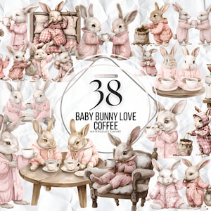 Baby Bunnies Love Coffee Acuarela animalitos y clipart floral, conejo de Pascua, bosque, lindo png, campo, flores, conejito, sublimación