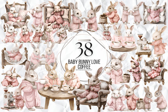 Baby Bunnies Love Coffee Watercolor Little Animals and Floral