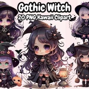 Clipart Kawaii strega gotica, Amanti delle streghe Fantasy Magic Clip Art, Clipart mistico, Clipart Kawaii stregoneria, Clipart pagano, Kawaii carino