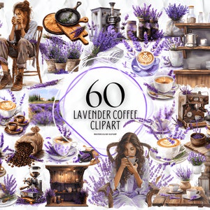 Aquarell Lavendel Kaffee Clipart - Frühstück und Espresso Kaffee Warenkorb PNG-Format sofort-Download für die kommerzielle Nutzung