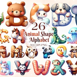 May include: A colorful alphabet with 26 animal-shaped letters. Each letter is a different animal, such as a crocodile, bear, cat, dog, elephant, giraffe, horse, owl, panda, raccoon, squirrel, unicorn, and zebra. The letters are 300 DPI PNG files.