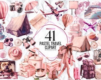 Imágenes prediseñadas de viajes de acuarela / Gráficos de vacaciones, avión, maleta, boleto, ilustraciones de equipaje / Descarga instantánea para uso comercial