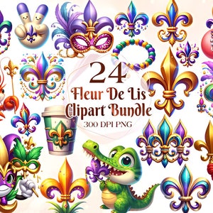 Watercolor Mardi Gras Clipart PNG Bundle King Cake Clipart Masquerade Clip Art Fleur de lis Graphics Happy Mardi Gras Png Carnival