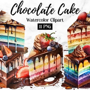 Chocoladetaart aquarel, digitale downloads, verjaardagstaart clipart, voedsel aquarel, verjaardagstaart wallart, verjaardagstaart liefhebbers prints kunst