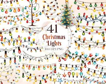 Christmas lights clipart bundle, Watercolor glowing garland PNG Gift. XMAS border ornament. Holiday card design. Digital download