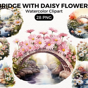 Garden Bridge Daisy Flowers Clipart, garden clip art, Digital watercolor, Watercolor Clipart Spring, summer Flowers illustration Digital Art