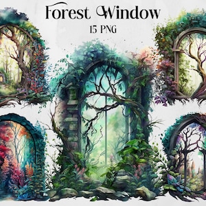 May include: Watercolor illustrations of forest windows with lush foliage and trees. The images feature arched frames with vibrant colors, including greens, blues, and purples. Text at the top reads "Forest Window 15 PNG."