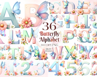 Watercolor Butterfly Alphabet Clipart, Pastel Alphabet PNG, Baby Milestone Clipart, Cute Alphabet, Pink Flowers Clipart Butterflies Clipart