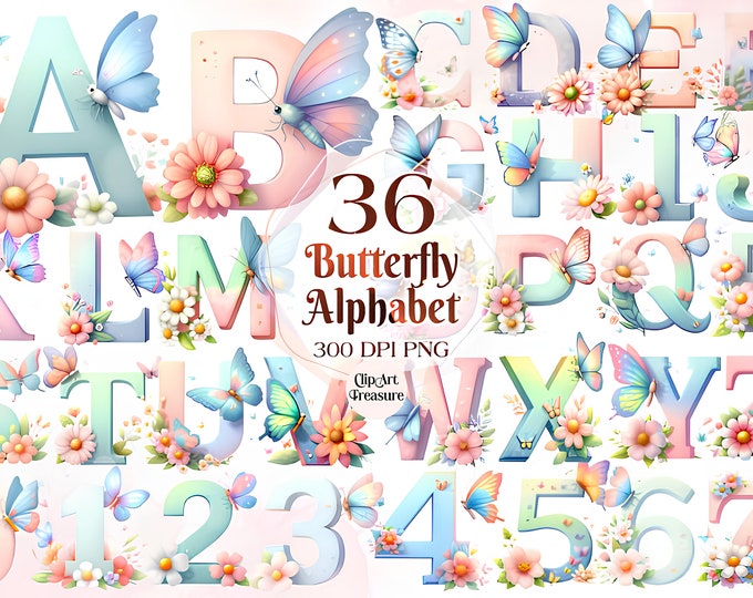 36 + PNG, Watercolor Spring Floral Alphabet Collection Clipart ...