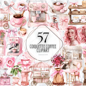 Wartercolor Coquette Coffee Pink Clipart - Frühstück und Espresso Kaffeewagen PNG-Format sofort-Download für kommerzielle Nutzung