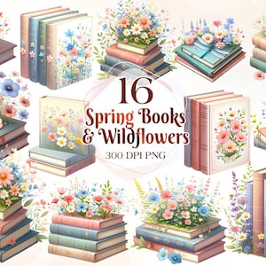 Watercolor Spring Floral Books Clipart, Book Clip Art, Book Bundle PNG, vintage books stacklibrary clip art, old books, Book lover clipart