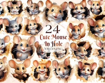 Cute Mouse In Hole Clipart High Quality PNGs - Digital Download - Card Making, Clip Art, Digital Paper Craft, Watercolour Painting, Artwork