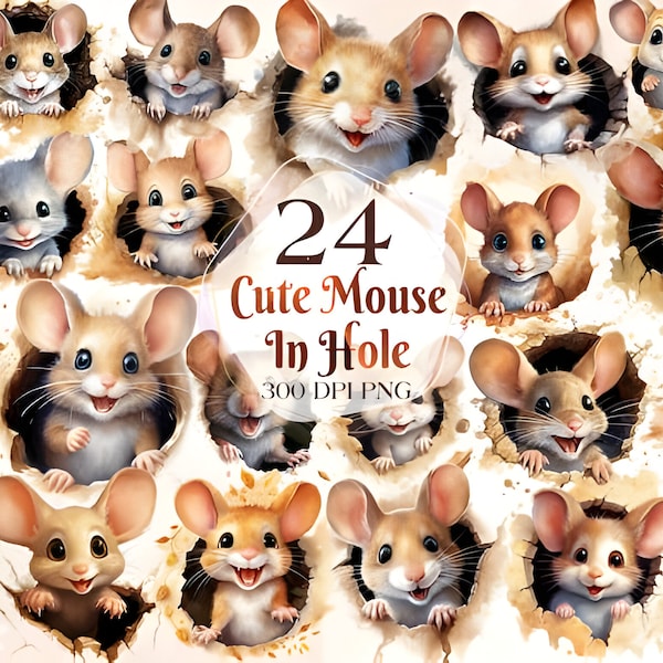 Cute Mouse In Hole Clipart High Quality PNGs - Digital Download - Card Making, Clip Art, Digital Paper Craft, Watercolour Painting, Artwork