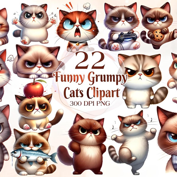 Funny Grumpy Cat Clipart 22 Png, Cute Caricature Cat, Angry Kitty Watercolor, Silly Animal Illustration, Digital Prints, Pet Junk Journal