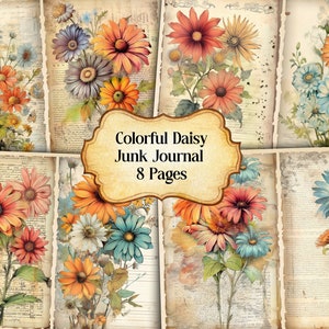 Colorful Daisy Junk Journal Kit,Vintage Daisy Flowers Junk Journal Pages,Dictionary page Junk Journal Printable Paper, Digital Collage Sheet