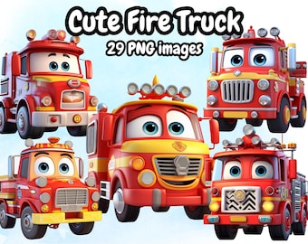 Cute Fire Trucks Clipart, Fire Cute Trucks Cartoon For Kids,Instant Download, Kids Vehicles Cartoon Animated Vehicles High Quality PNG Art
