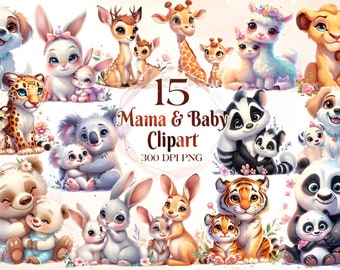 Watercolor Cute Mama and Baby Animals Clipart, Woodland Animal Nursery, Bear Bunny Kitten Mom Daughter Son Mother's Day Baby Shower Png